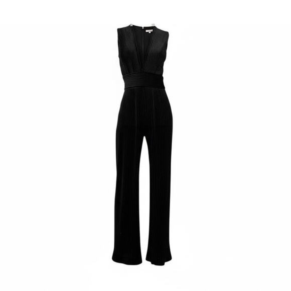 Balmain Black Pleated Velvet Sleeveless Jumpsuit size FR 38 Plunging V Wide-leg - Picture 16 of 16